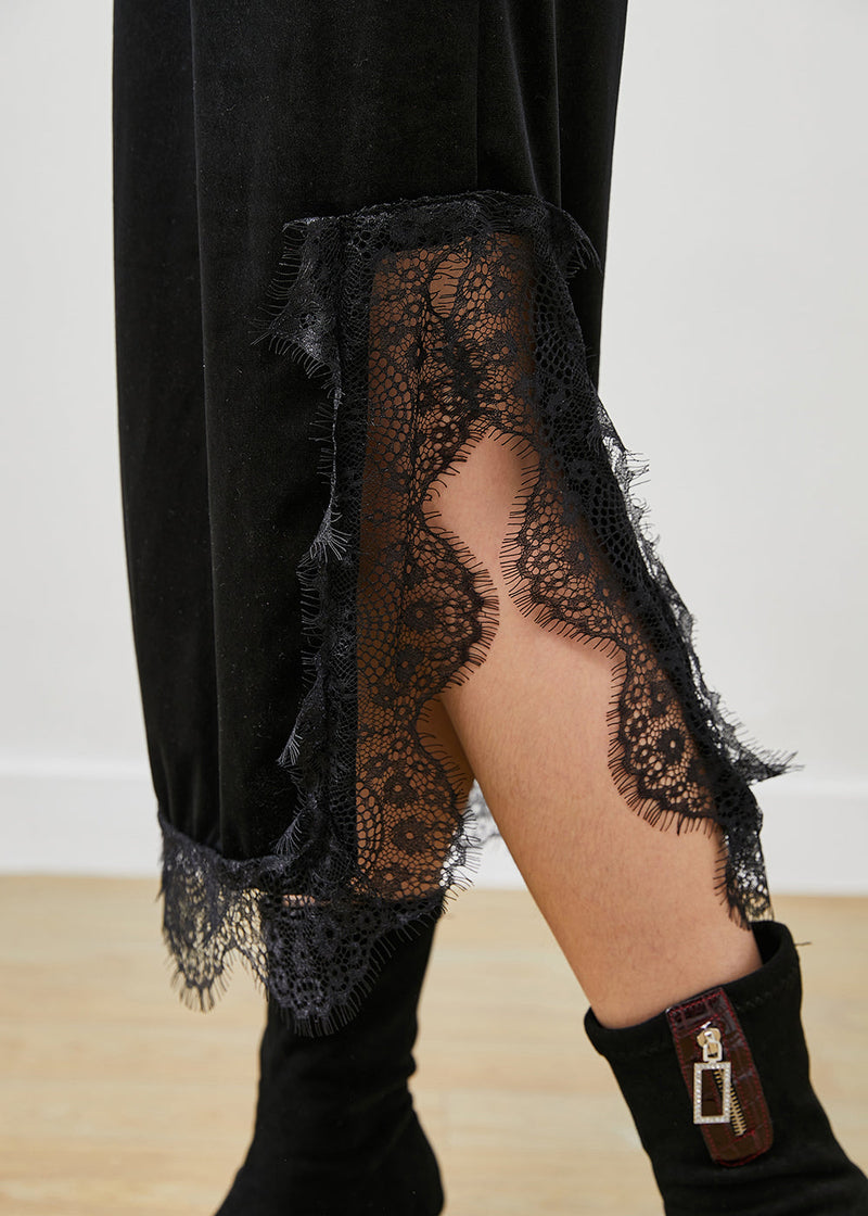 Black Lace Patchwork Side Open Silk Velour Skirts Fall