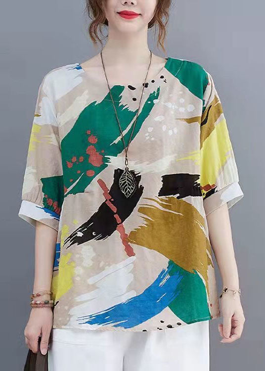 Colorblock O Neck Patchwork Linen T Shirt Summer