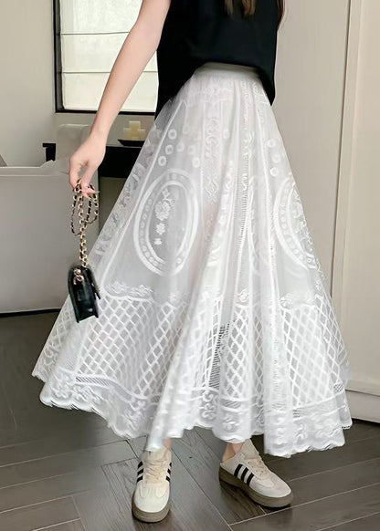 White Hollow Out High Waist Lace Skirt