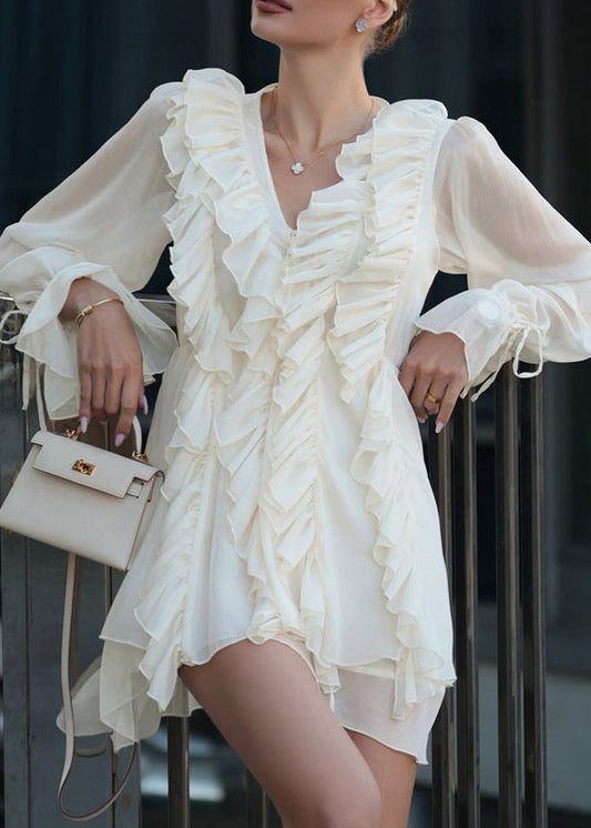 Boutique Apricot V Neck Ruffled Lace Up Chiffon Mini Dress Spring