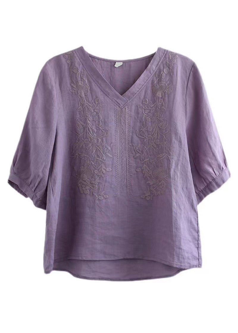 Purple V Neck Embroideried T Shirt Half Sleeve