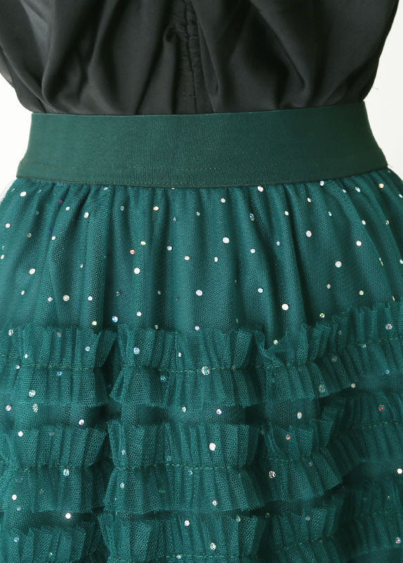 Green Elastic Waist Sequins Ruffled Tulle Skirts Spring
