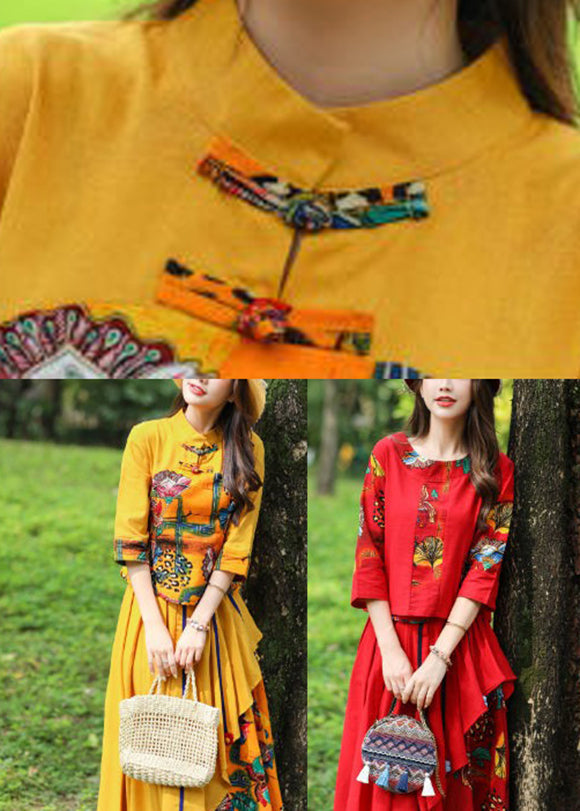 Red O-neck Button Top and Skirts Two Piece Set Fall