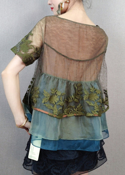Stylish Green Embroidered Patchwork Tulle T Shirts Summer