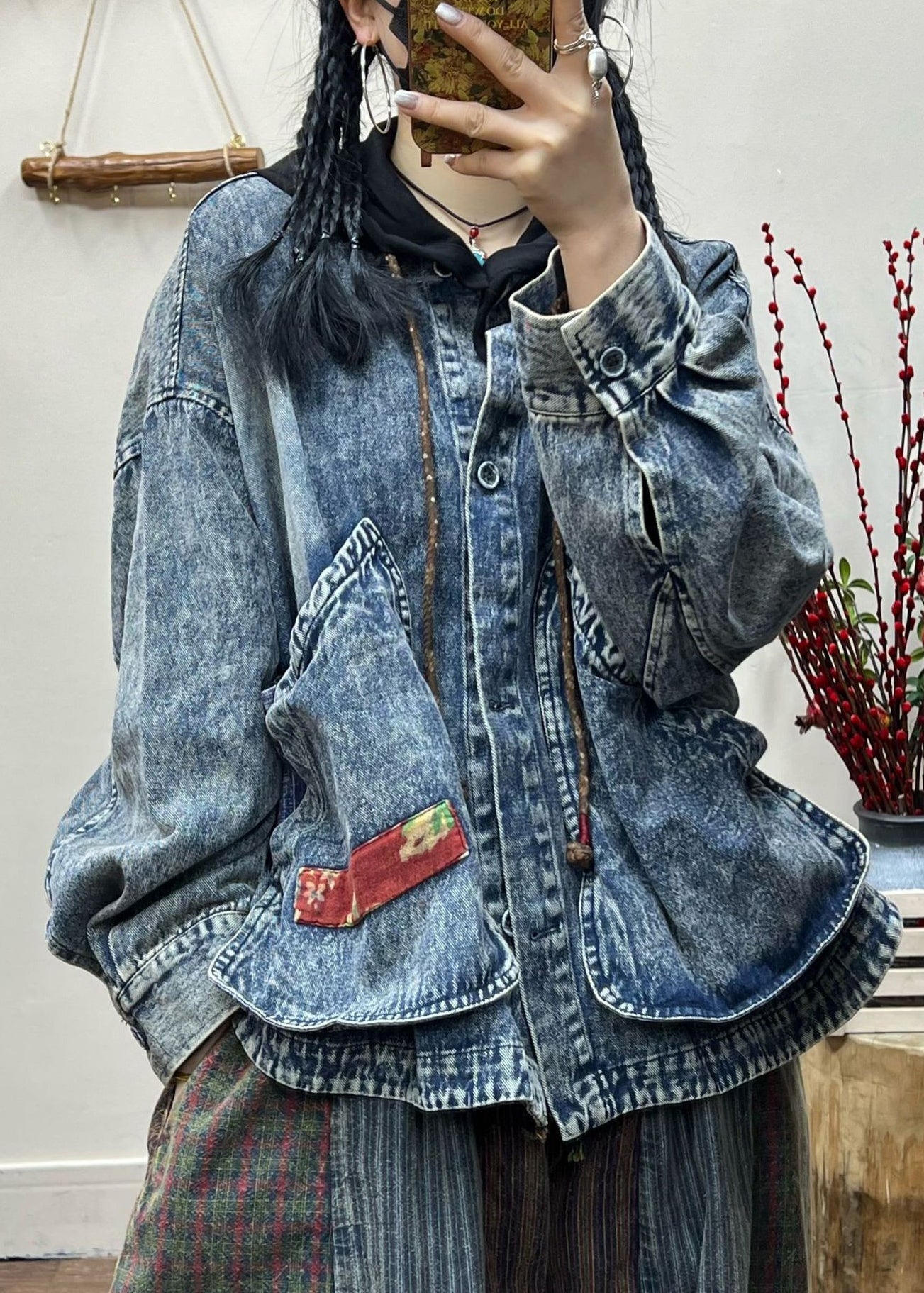 Blue Button Pockets Patchwork Denim Coat Fall