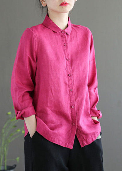 Rose Peter Pan Collar Color Single Breasted Linen Shirt Top Fall