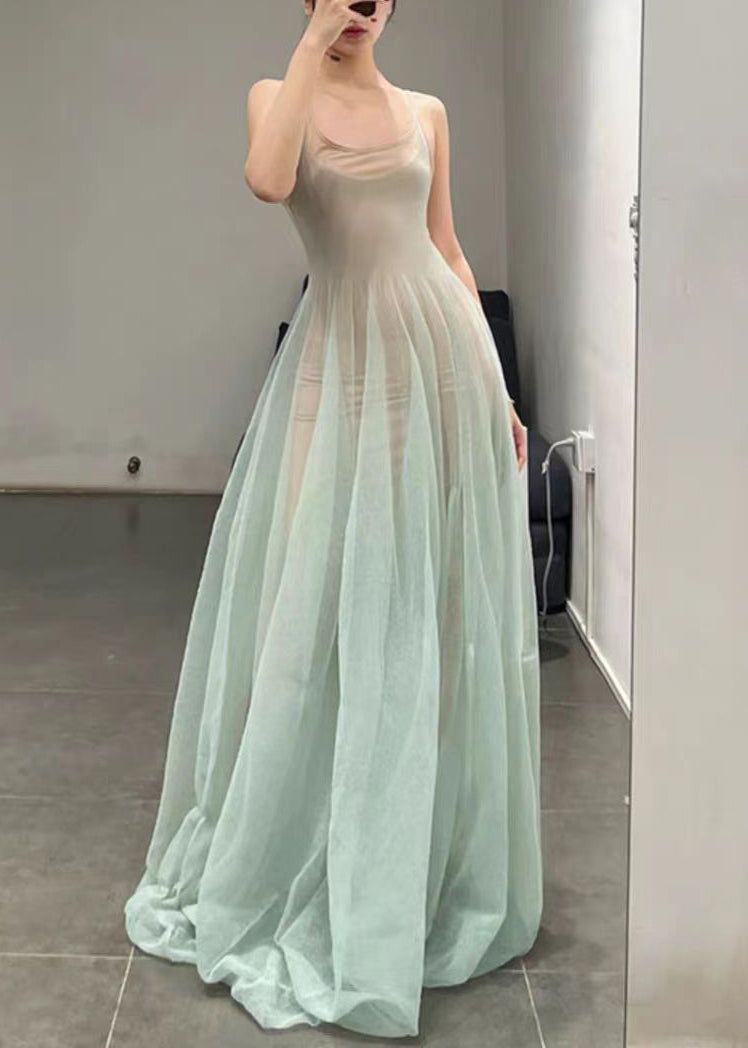 Light Green O-neck Tulle Spaghetti Strap Dress Sleeveless