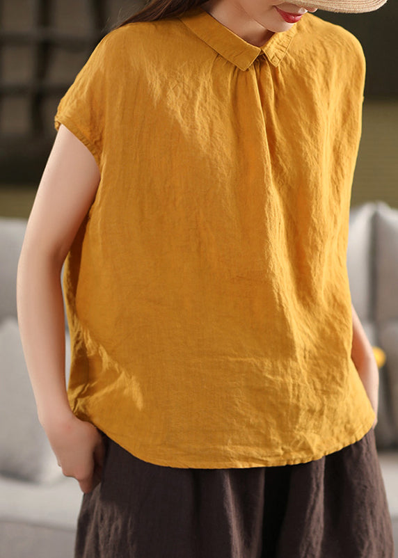 Loose Yellow Peter Pan Collar Button Linen Shirt Summer