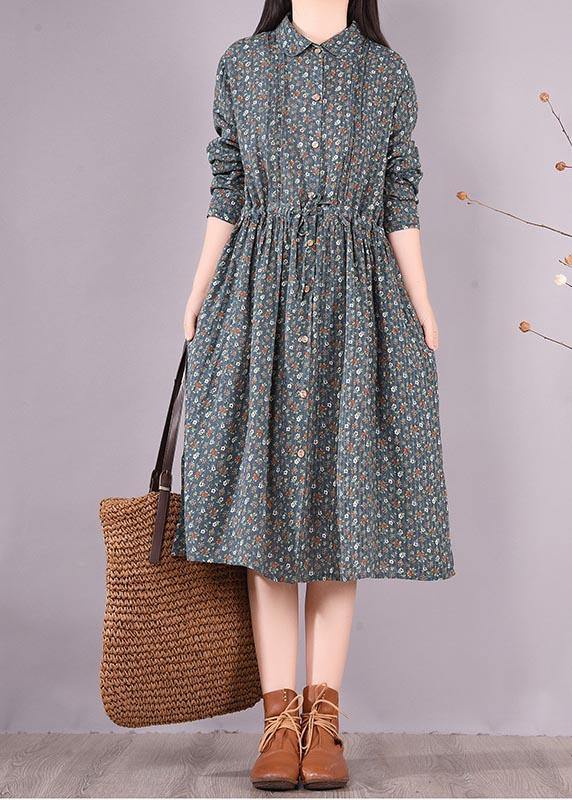 Vivid Green Print Dresses Lapel Drawstring a Line Spring Dress