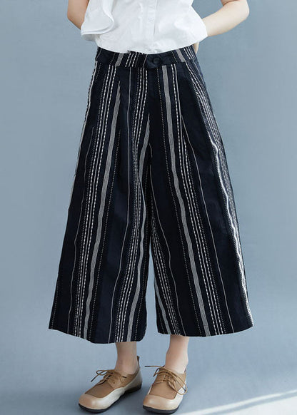 Black Striped Cotton Wide Leg Pants Spring