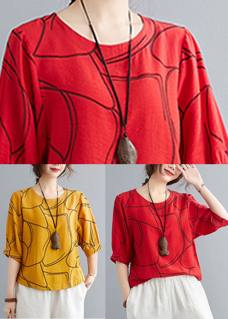 Red Print Cotton Tank Tops O-neck Oversized Lantern Sleeve