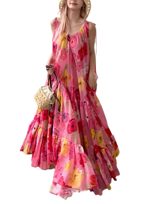 Pink Print Wrinkled Patchwork Strap Dress Summer