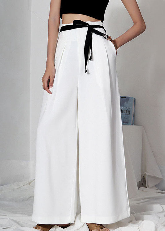 Classy White High Waist Tie Summer Wide Leg Pants