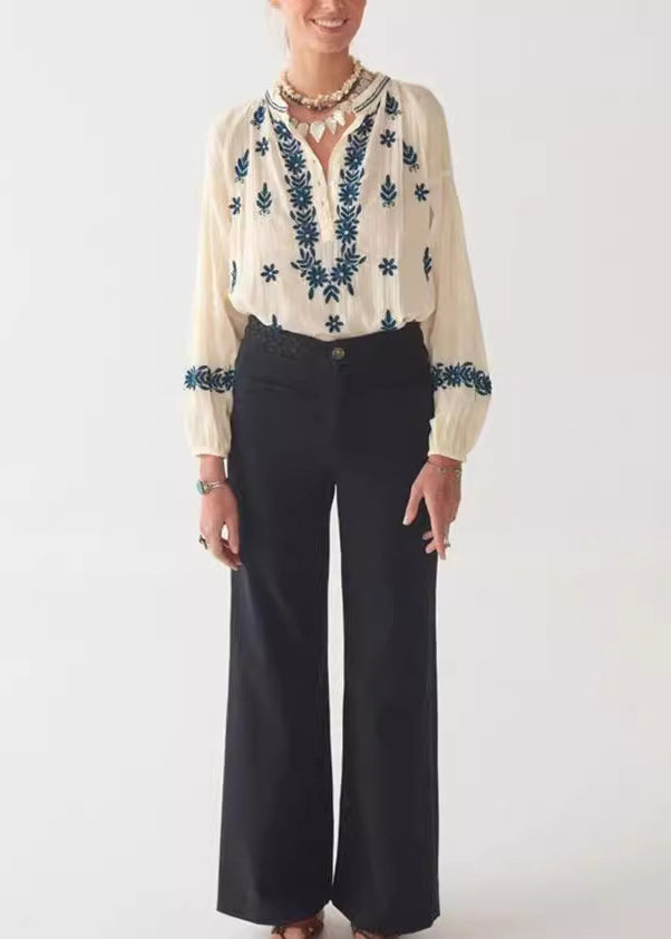 New Beige Embroidered Puff Sleeve Cotton Shirt Top