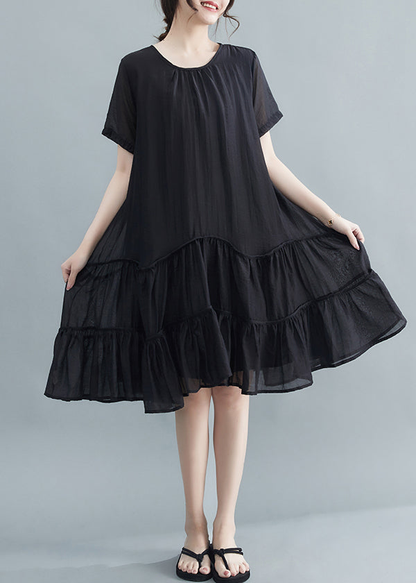 Black O-neck Patchwork Wrinkled Cotton Dresses Summer