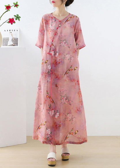 Pink Print Oriental Asymmetrical Design Summer Ramie Long Dresses