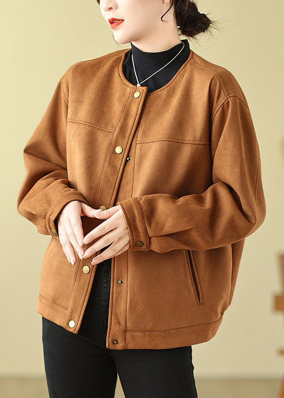 Camel Faux Suede Jacket O-neck Oversized Spring