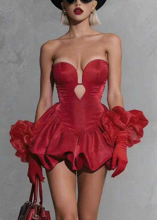 Stylish Red Wrinkled Strapless Mini Dresses Summer