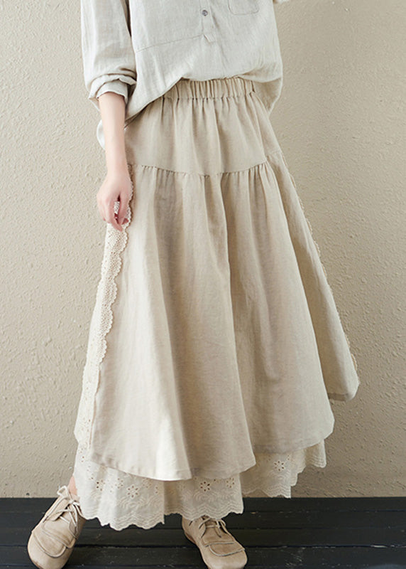 Brief Khaki Embroideried Patchwork Elastic Waist Linen a Line Skirt Summer