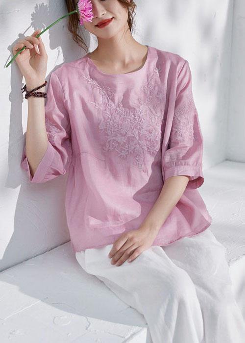 Art Pink O-neck Embroideried Patchwork Summer Ramie Shirt Top Half Sleeve