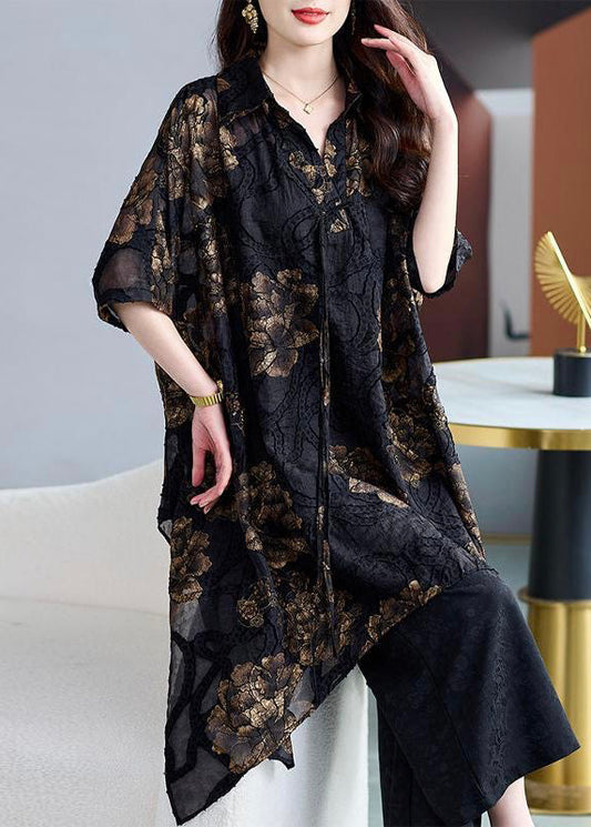 Black Asymmetrical Print Chiffon Cardigans Summer
