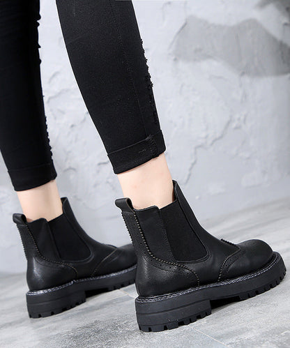 Black Chunky Cowhide Leather Hollow Out Boots
