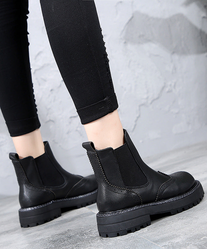 Black Chunky Cowhide Leather Hollow Out Boots