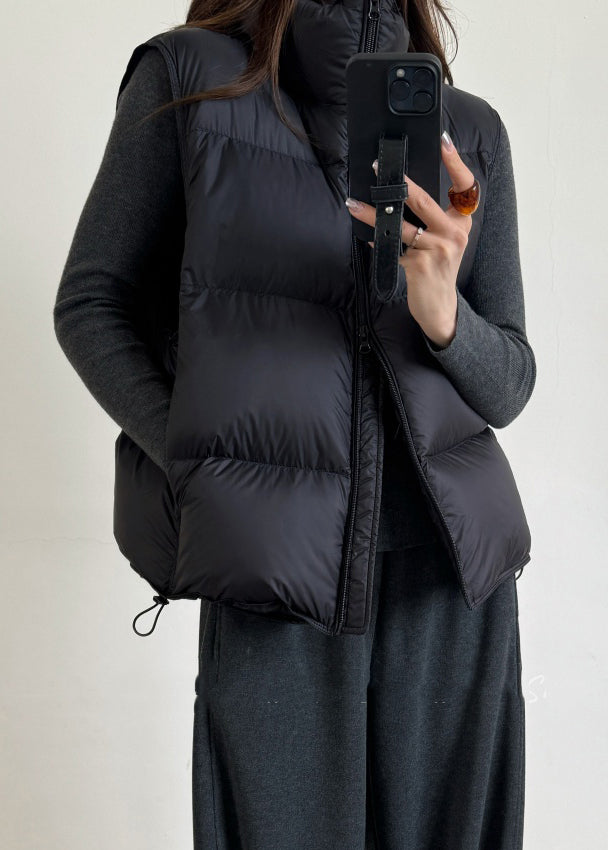 Black Drawstring Duck Down Winter Waistcoat Zip Up