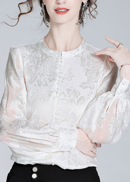 White O-neck Button Jacquard Slik Shirt Spring