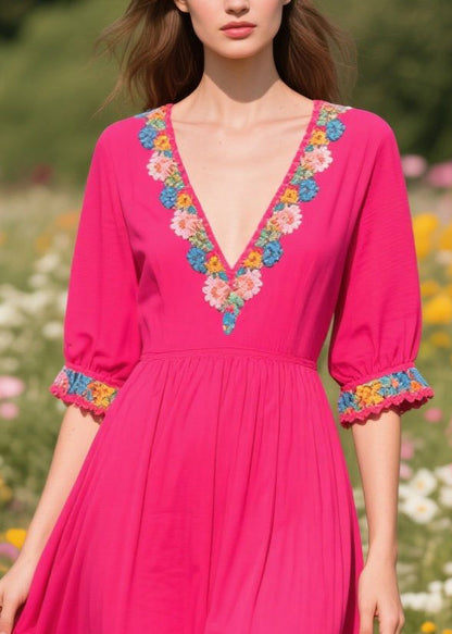 Rose V Neck Patchwork Cotton Ankle Dress Summer