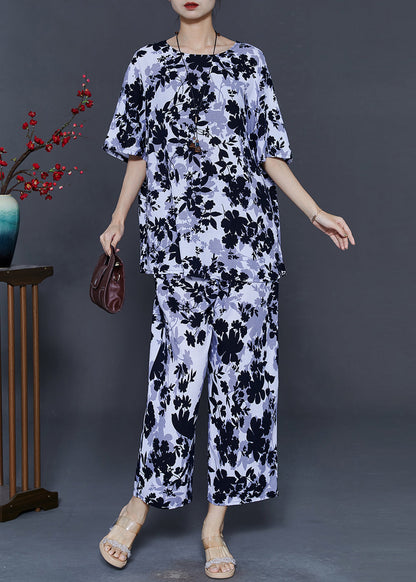 Art White O-neck Leaf Print Cotton Two Pieces Set Summer