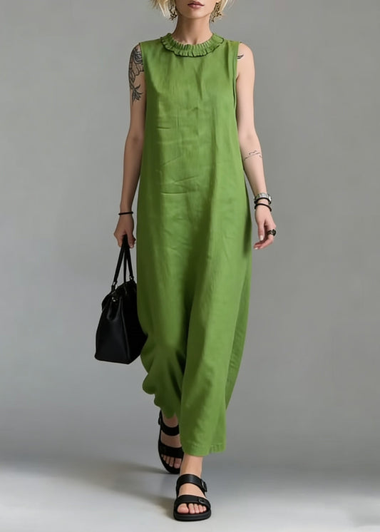 Simple Green Ruffled Cotton Long Dress Sleeveless