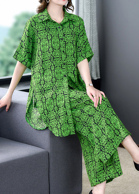 Green Print Tops and Pants Chiffon Two Pieces Set Summer