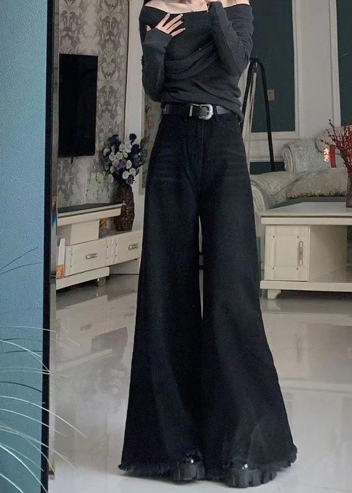 Black Tasseled Pockets Denim Wide Leg Pants Spring