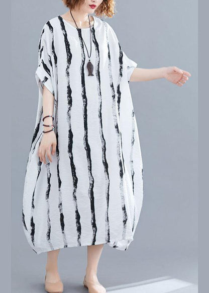 Fitted White O-neck Striped Summer Robe Dresses