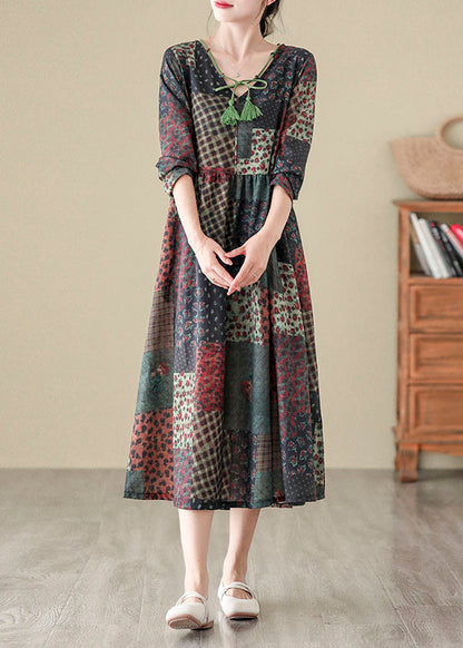 V Neck Print Patchwork Cotton Long Dress Fall