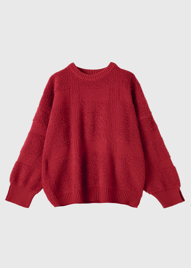 Fine Red O-neck Patchwork Thick Cotton Knit Sweaters Long Sleeve