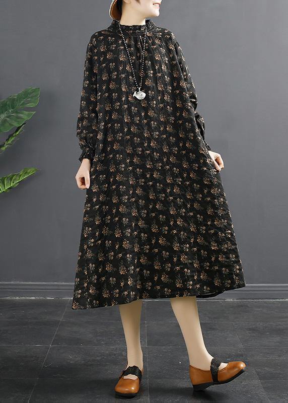 Classy Black Print Stand Collar Robes Dresses