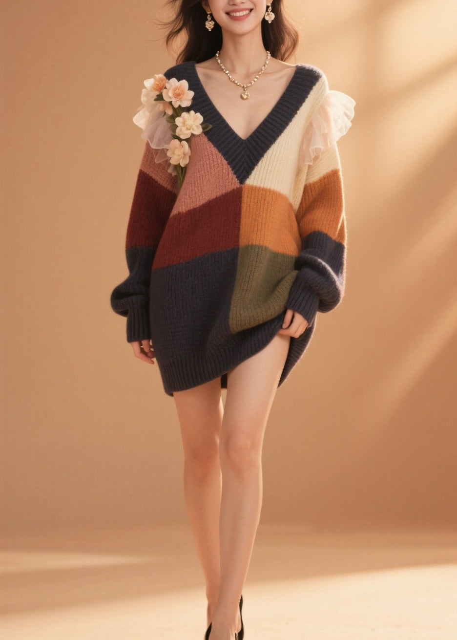 Diy Colorblock V Neck Ruffled Knit Sweater Dress Fall