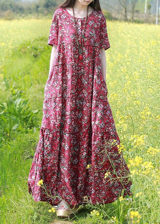 Red O-neck Button Print Patchwork Beach Dresses Short Sleeve