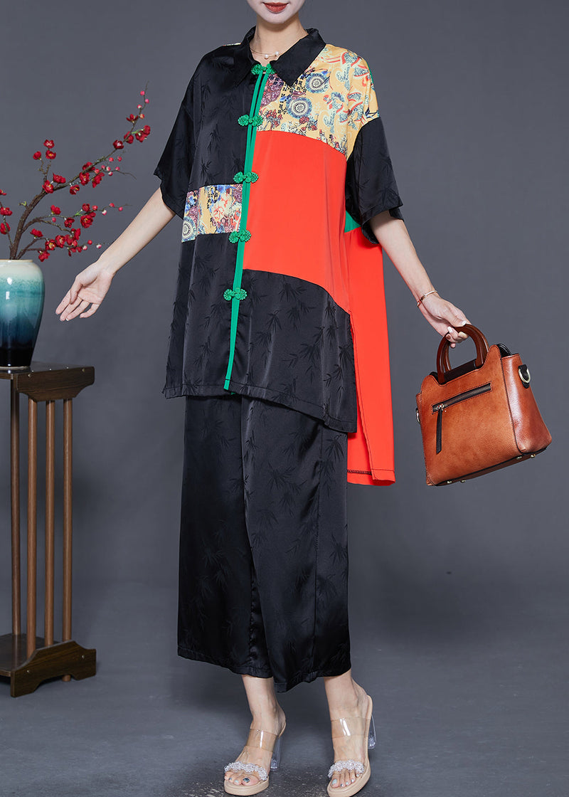 Black Print Patchwork Low High Design Silk Two Pieces Set Summer