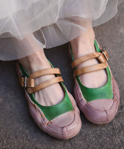 Simple Splicing Flat Shoes for Green Cowhide Leather Buckle Strap