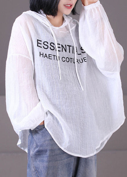 White Hooded Letter Print Cotton Upf 50+ Sweatshirt Top Long Sleeve