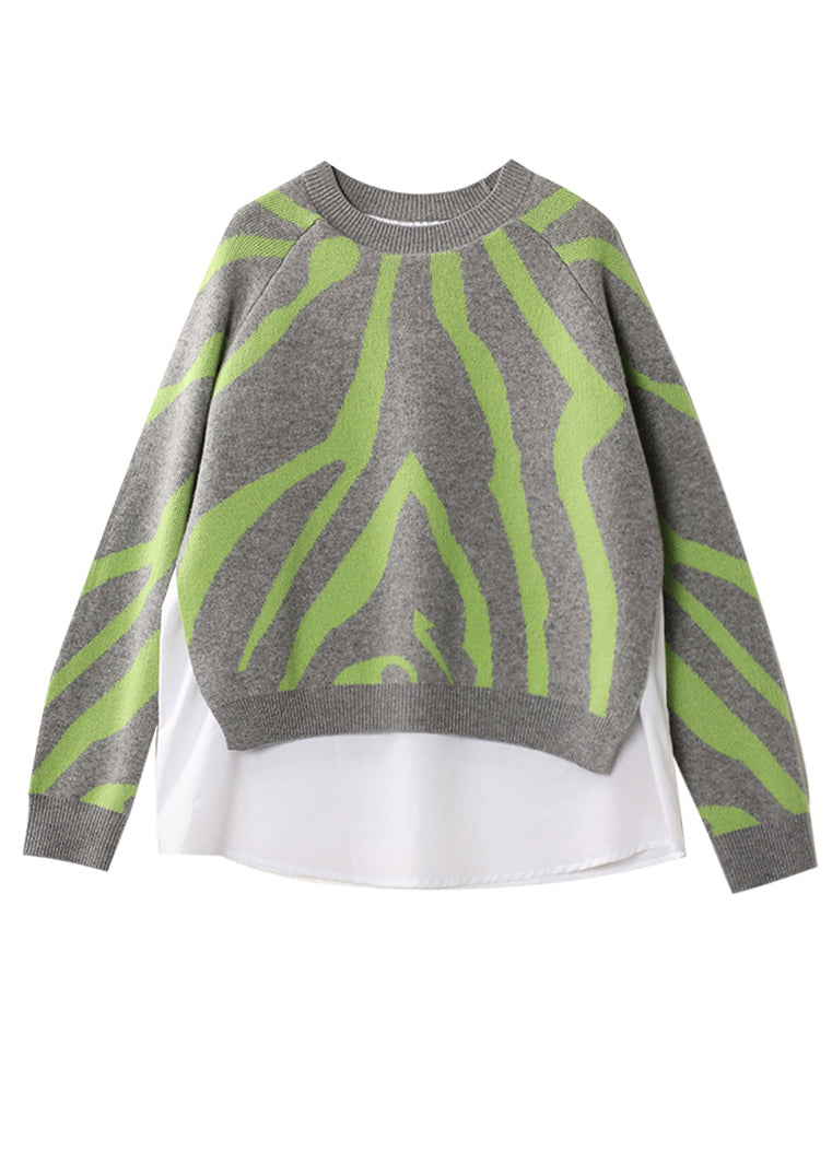 Grey Print Patchwork Wool Knit Fake Two Piece Pullover Tops Winter