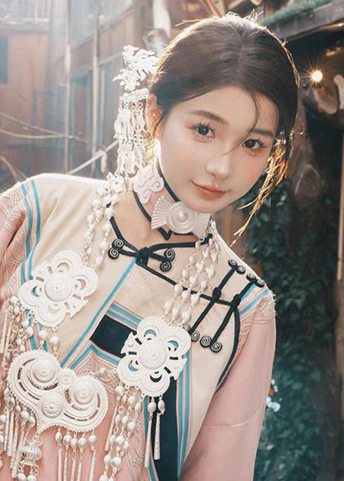 Chinese Style Pink Embroideried Wrinkled Cotton Two Pieces Set Fall