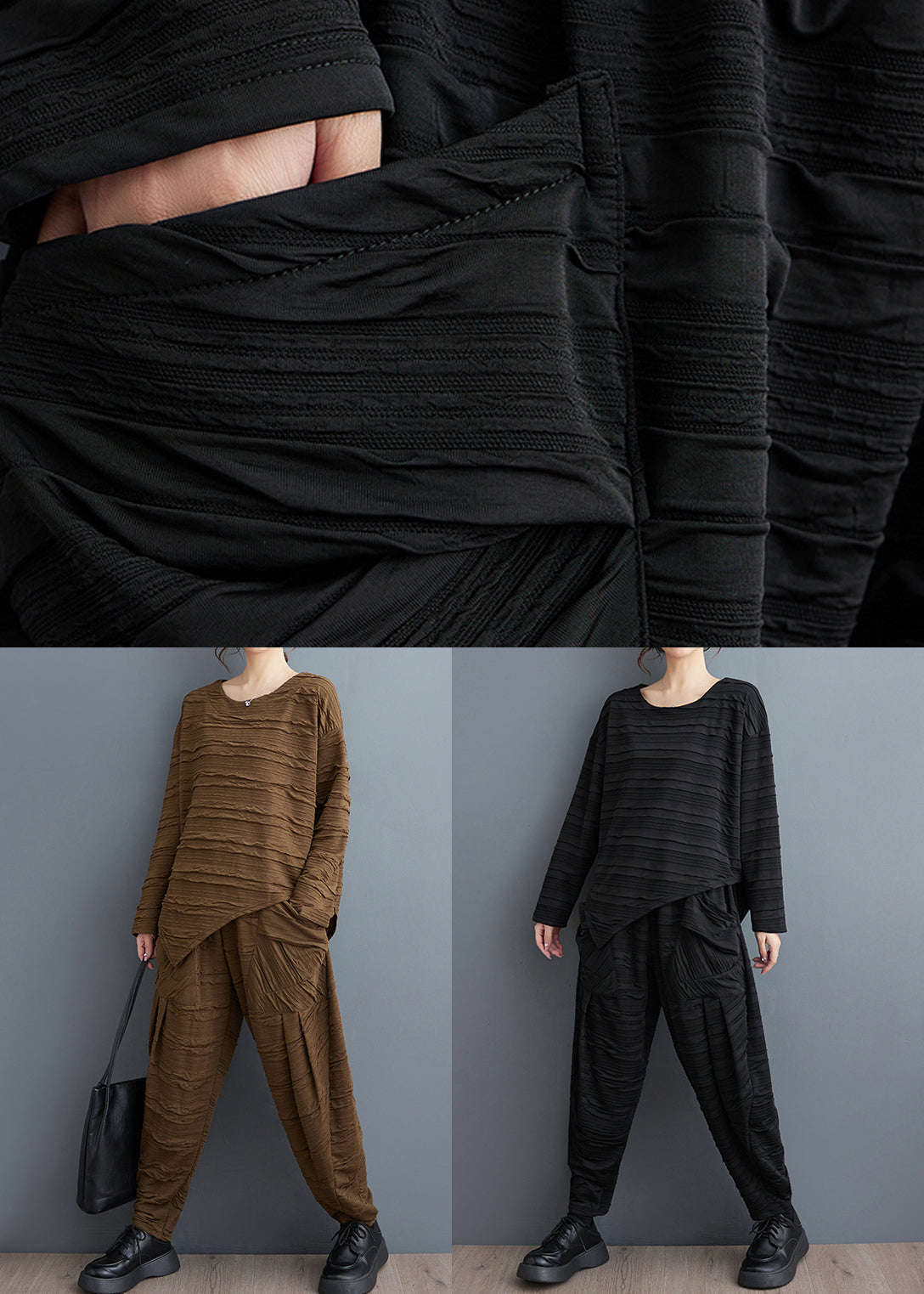 Coffee Asymmetrical Pockets Cotton Two Pieces Set O-neck Long Sleeve
