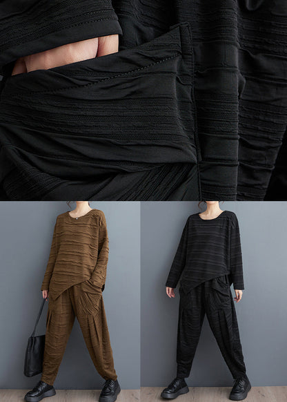 Loose Black Wrinkled Patchwork Tops and Harem Pants Cotton Two Pieces Set Fall