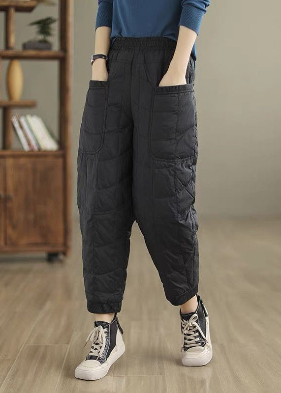 Coffee Plaid Thick Cotton Filled Pants Elastic Waist Winter