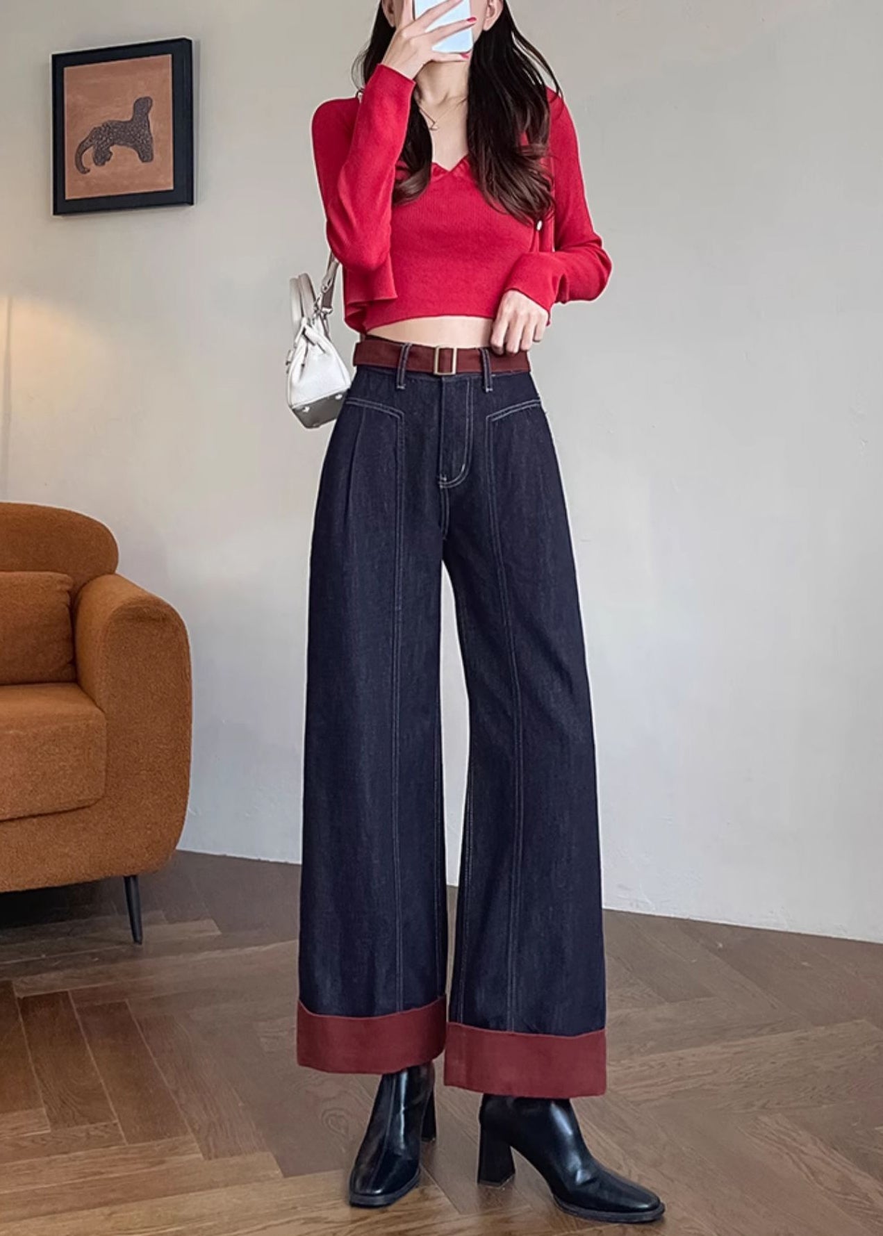 Simple Black Oversized Patchwork Denim Crop Pants Fall