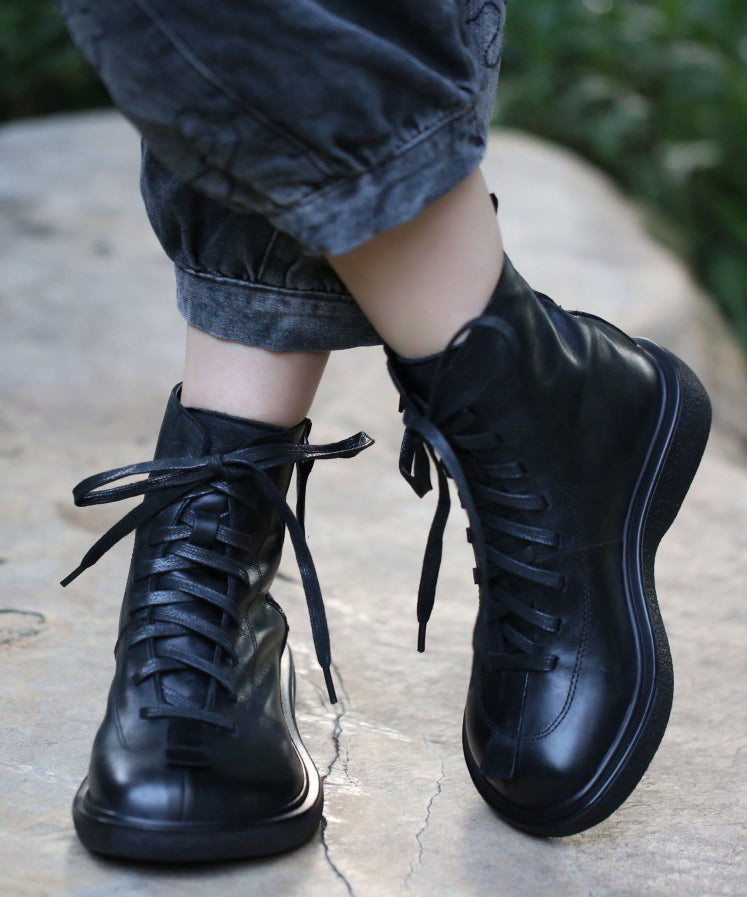 Black Cowhide Leather Lace Up Splicing Boots